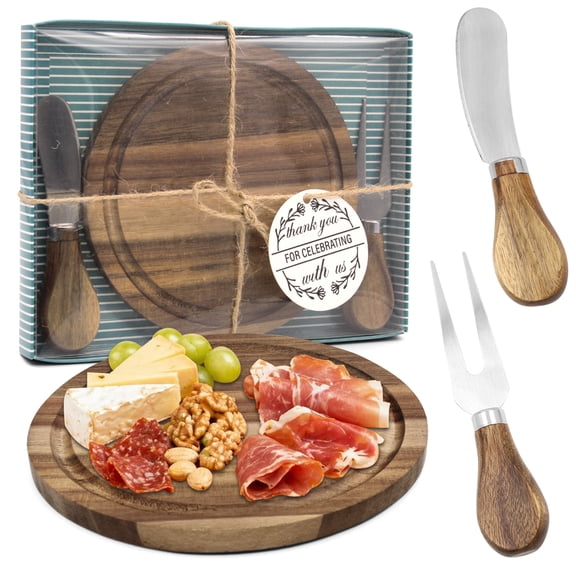Round Acacia Wood Charcuterie Board Set, Mini 6 Cheese Board with Knife and Fork, Charcuterie Tray Gift Box with Thank You Card for Wedding Bridal Baby Shower Housewarming Party