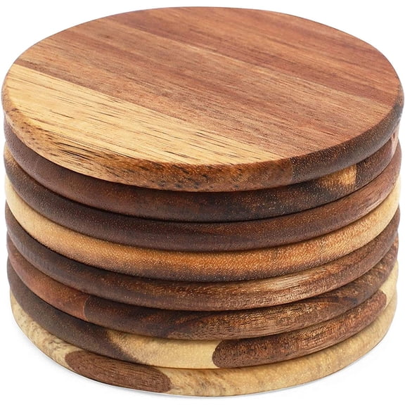 Round Acacia Wood Coasters - 8 Pack, 4 in, Brown - Drink Coasters for Coffee & Dining Table Decor - Bar & Home Bar Accessories - Wood Decor