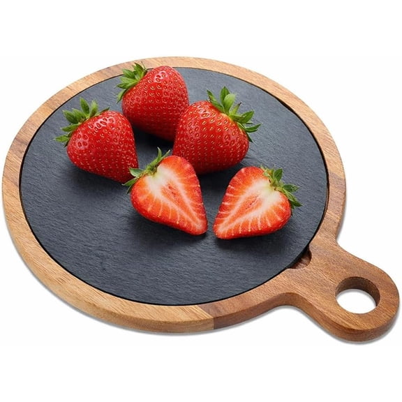 Round Acacia Wood Cutting Board with Removable Black Slate Board, Cheese Serving Board Plate with Handle, Wooden Serving Platter Slate Steak Plate for Cheese Steak Bread