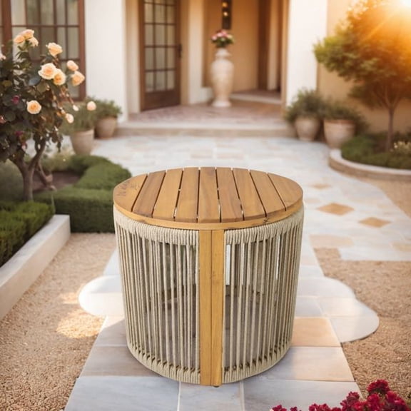 Round Acacia Wood Outdoor Side Table with Handwoven Rope Base, Weather-Resistant Accent Table for Patio, Backyard, Balcony, Garden, Poolside, Porch and Indoor Living Spaces