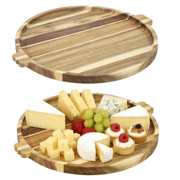 15" Round Acacia Wood Serving Tray Rustic Charcuterie Board with Handles, Raised Edge, for Pizza, Snacks, Cheese & Home Decor, Natural Wood Grain