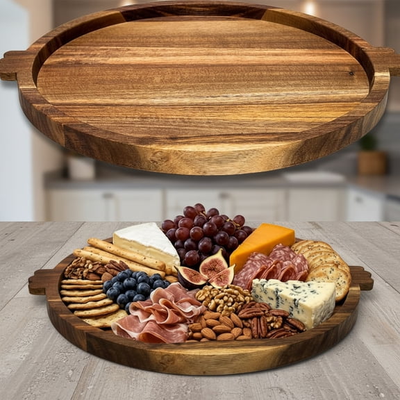 Round Acacia Wood Tray with 2 Built-in Handles | Versatile Serving Board for Coffee Table, Parties & Daily Dining | Large Charcuterie & Cheese Platter, Decorative Gift Tray