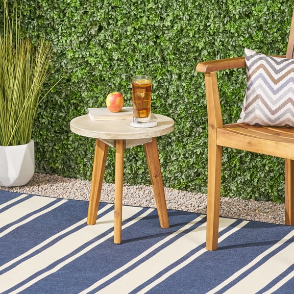 Round Acacia Wood Tripod Side Table, Handcrafted ModStyle Outdoor End Table with 3Leg Frame, 50 LB Weight Capacity Accent Table for Patio Deck Backyard