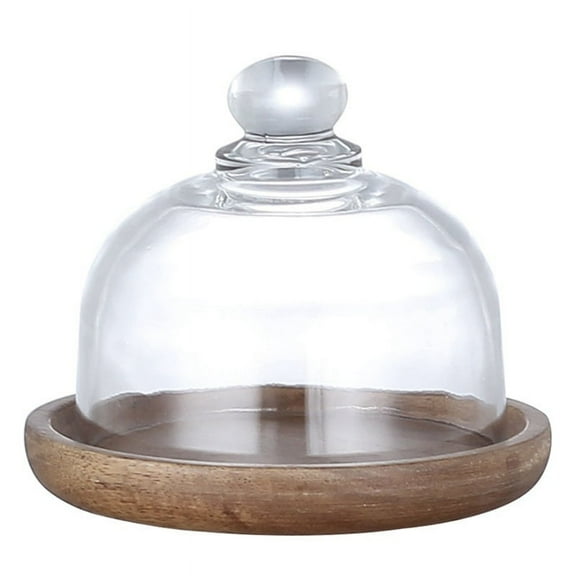 Round Acacia Wooden Dessert Serving Plate,Cake Tray with Glass Dome Cover for Kitchen Houshold