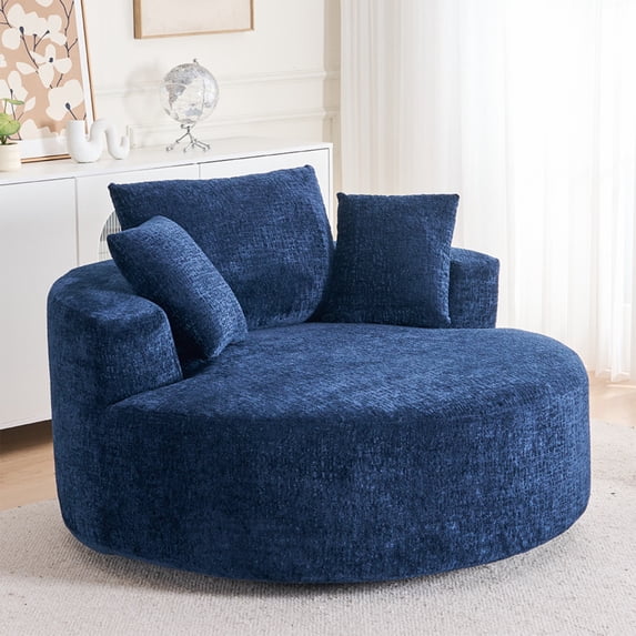 Round Accent Chair, 360 Swivel Chenille Barrel Chair, Fluffy Modern Sleeper for Living Room, Bedroom, Reading Room and Lounge (Blue)
