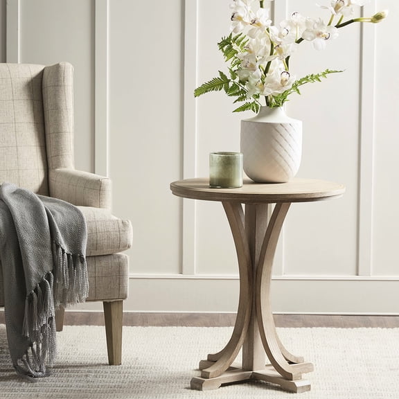 Round Accent Table, Ash Veneer Top, Solid Wood Legs In Reclaimed Wheat Finish, 21" Diameter, 24" Height Living Room Tabletop, Wheat, 21"x24