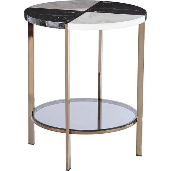 Round Accent Table Faux Marble Top & Glass Shelf - Modern End Table