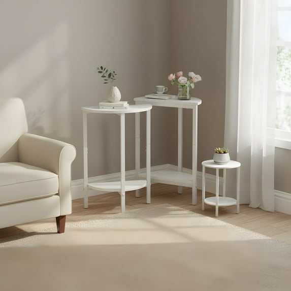 Round Accent Table Set - Modern Half-Moon Design for Living Room - White