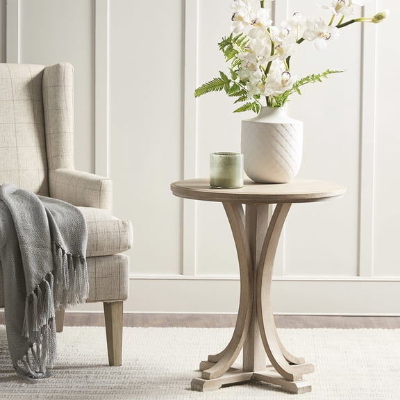 Round Accent Table for Decor | Ideal for Country Living | Ash Veneer and Reclaimed Wheat Base | Easy to Maintain