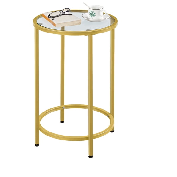 Round Accent Table with Glass Top, Modern Sofa End Table for Living Room, Balcony, Bedroom, Space-Saving Side Table for Small Spaces, Gold