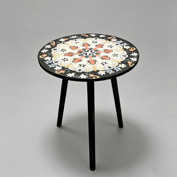 Round Accent Table with Solid Wood Tripod Base, 16.84 in Patterned Side Table, Dark Legs