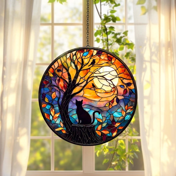 Round Acrylic Cat Suncatcher Window Hanging Decoration, Acrylic Home Decor, Sunset Tree Window Art, Gift for Cat Lovers