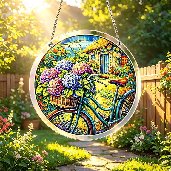 Round Acrylic Hanging Decor 20cm with Metal Chain, Colorful Art Ornament for Indoor Outdoor Garden Patio, Stained Glass Style Suncatcher for Wall Window or Tree Decoration