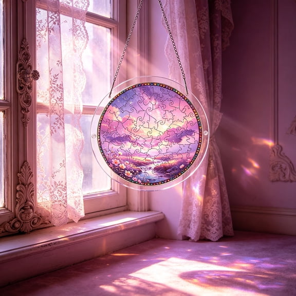 Round Acrylic Puzzle Suncatcher Stained Glass Style Window Hanging Dreamy Home Decor Puzzle Kit Window Decor