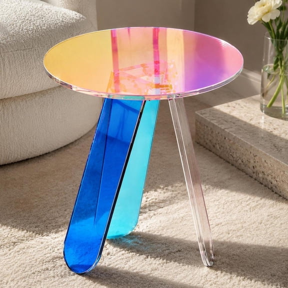 Round Acrylic Side Table, iridescent finish, clear, suitable for living room, bedroom, study as end table or coffee table