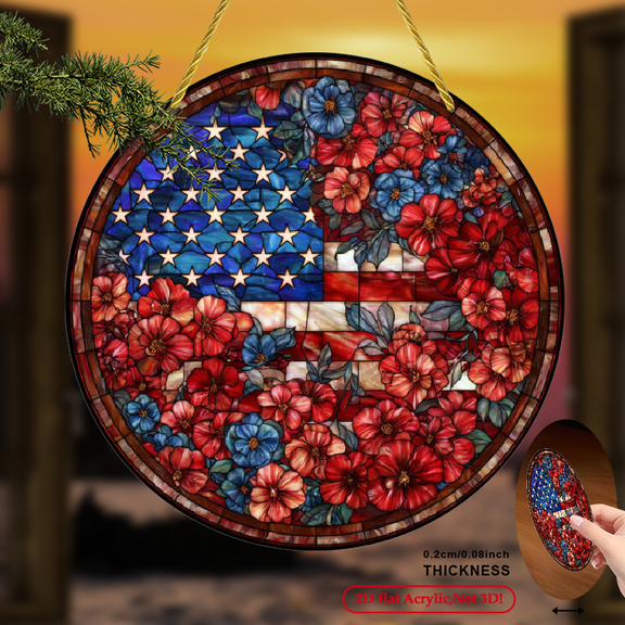 Round Acrylic Sun Catcher, Patriotic American Flag Floral Pattern, Decorative Window Hanging Ornament, Wall Porch Display Decor & Holiday Gift, July 4th Independence Day Decor, Home Porch Indo