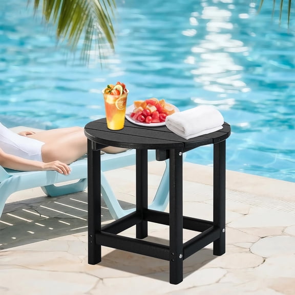 Round Adirondack Side Table, Weather Resistant Outdoor End Table for Pool Deck Garden Black