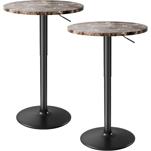 Round Adjustable Height Swivel Pub Table with Metal Base, 23.6 in Diameter, Marble-Black Finish