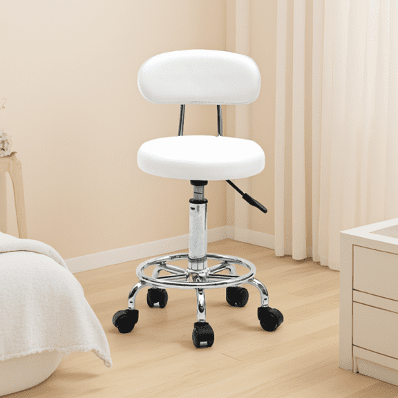 Round Adjustable Salon Stool with Backrest and Textured Seat, 360 Swivel, White