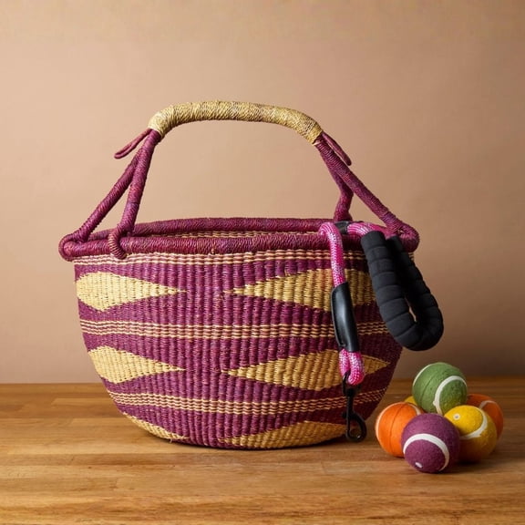 Round African Bolga Basket in Boho Patterns (Purple)