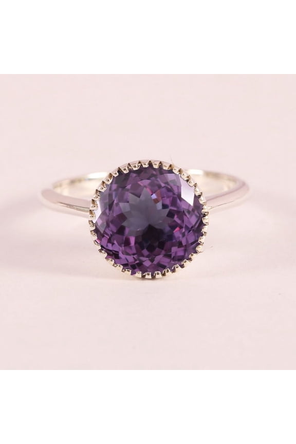 Round Alexandrite Solitaire June Birthstone Ring, 925 Sterling Silver Ring, Milgrain Wedding Ring, Alexandrite Stackable Promise Band Ring, Unique Gift for her