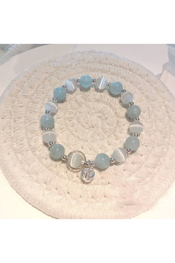 Round Alloy & Cat Eye & Natural Aquamarine Round Beaded Charm Bracelets for Women Platinum 7-1/8~8-5/8 inch(18~22cm)