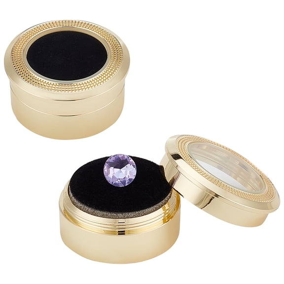 Round Alloy Loose Diamond Storage Boxes Gemstone Display Case with Clear Glass Window and Sponge Light Gold 3.25x1.65cm