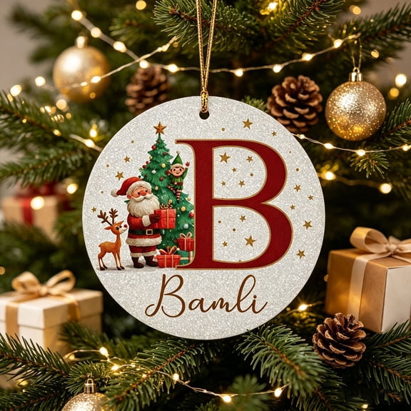 Round Alphabet Santa Christmas Ornament, Glitter Background Acrylic Pendant, Double-Sided Print Initial Letter Ornament, Personalized Christmas Tree Decoration, Custom Holiday Gift