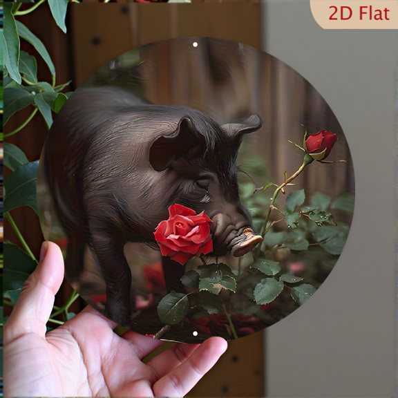 Round Aluminum Wall Art, Black Pig with Red Roses Farmhouse Decor, 8" Round Aluminum Wall Art Metal Sign, Wall Decor For Kitchen, Door, Office, Cafe, Bedroom Decor, Best Gift For Room, Home, 2D
