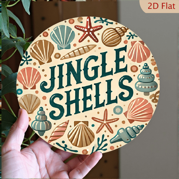 Round Aluminum Wall Art, "Jingle Shells" Coastal Seashell Beach Decor, 1pc, 8" Wall Art Metal Signs, Wall Decor For Kitchen, Door, Office, Cafe, Bedroom, Room, Home, Gift Ideal, Door Decor, 2D Flat