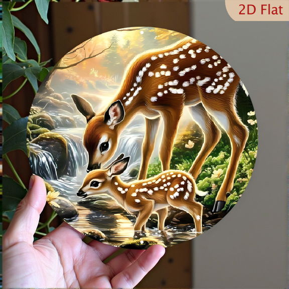 Round Aluminum Wall Art, Mother and Baby Deer Forest Stream Decor, 1pc, 8" Wall Art Metal Signs, Wall Decor For Kitchen, Door, Office, Cafe, Bedroom, Room, Home, Gift Ideal, Door Decor, 2D Flat