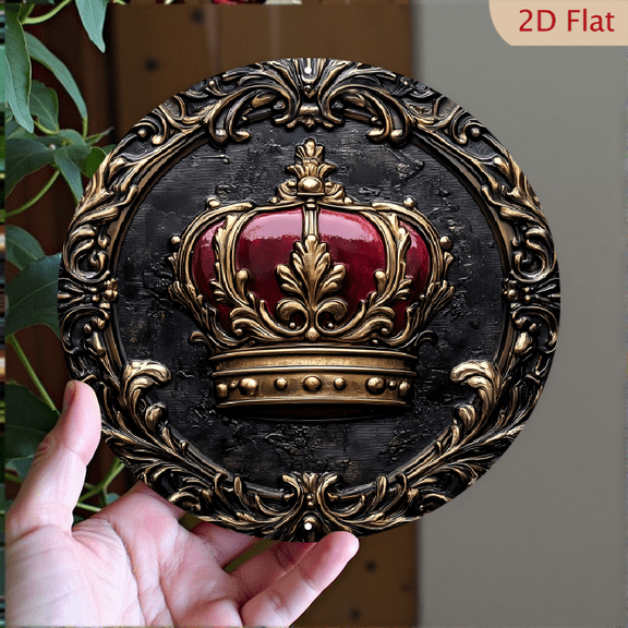 Round Aluminum Wall Art, Ornate Royal Crown Vintage Baroque Decor, 1pc, 8" Wall Art Metal Signs, Wall Decor For Kitchen, Door, Office, Cafe, Bedroom, Room, Home, Gift Ideal, Weird Decor, 2D Flat
