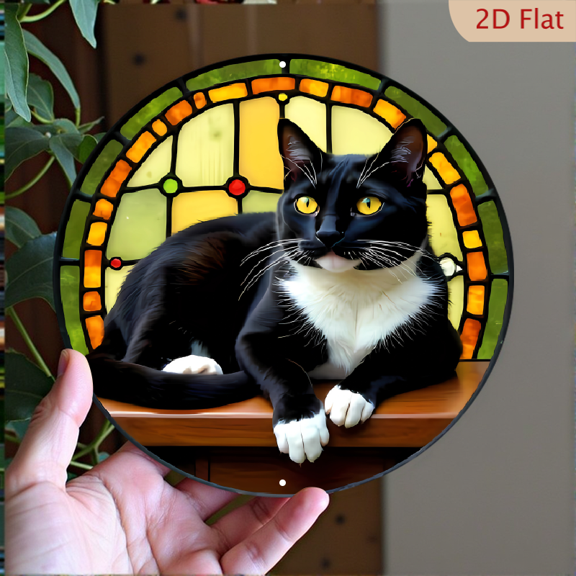 Round Aluminum Wall Art, Tuxedo Cat Stained Glass Window Decor, 1pc, 8" Wall Art Metal Signs, Wall Decor For Kitchen, Door, Office, Cafe, Bedroom, Room, Home, Gift Ideal, Weird Decor, 2D Flat