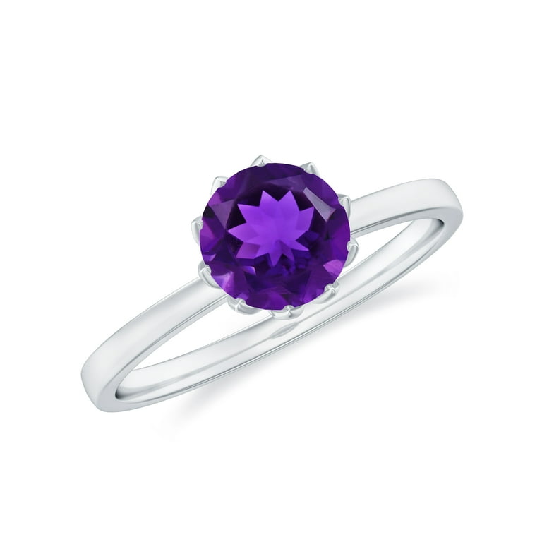 Round Amethyst Solitaire Ring for Women February Birthstone Ring 7 mm AAA Grade 14K White Gold US 5.00