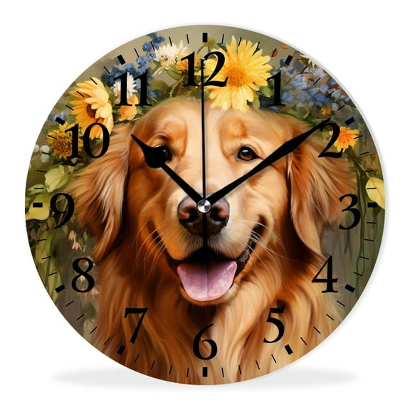 Round Analog Wall Clocks Non-Ticking Silent Clock Battery Operated Clcoks Decorative for Living Room-Golden Retriever Dog Beautiful Wreath Elegant(10inch)
