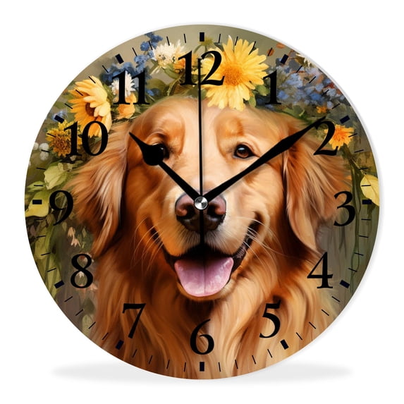 Round Analog Wall Clocks Non-Ticking Silent Clock Battery Operated Clcoks Decorative for Living Room-Golden Retriever Dog Beautiful Wreath Elegant(16inch)