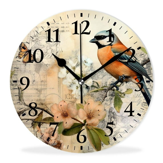 Round Analog Wall Clocks Non-Ticking Silent Clock Battery Operated Clcoks Decorative for Living Room-Bird and Vintage Letter(14inch)