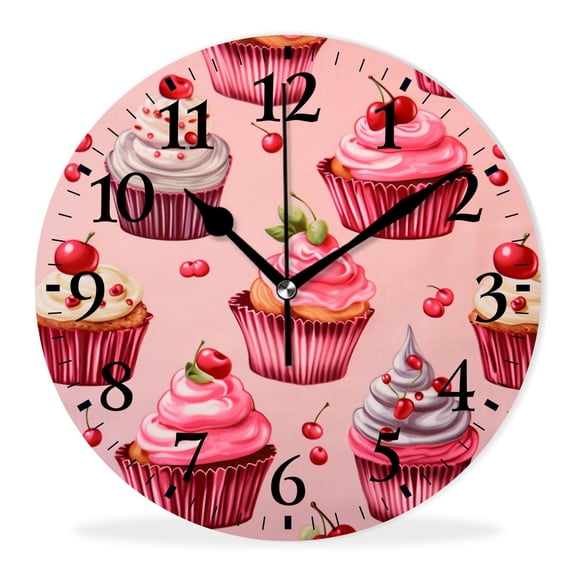 Round Analog Wall Clocks Non-Ticking Silent Clock Battery Operated Clcoks Decorative for Living Room-Cherry Chocolate Cupcakes(10inch)