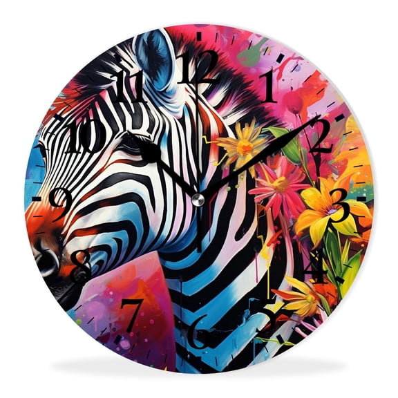 Round Analog Wall Clocks Non-Ticking Silent Clock Battery Operated Clcoks Decorative for Living Room-Colorful Zebra Oil Painting(12inch)