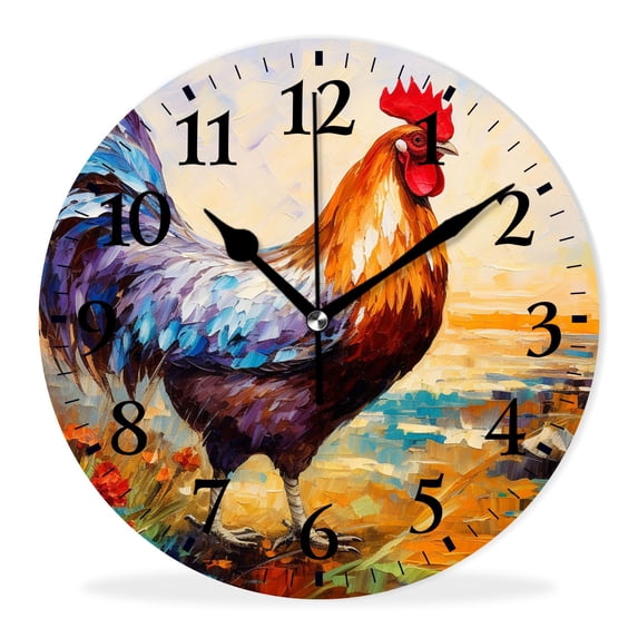 Round Analog Wall Clocks Non-Ticking Silent Clock Battery Operated Clcoks Decorative for Living Room-Rooster Art Oil Painting(10inch)