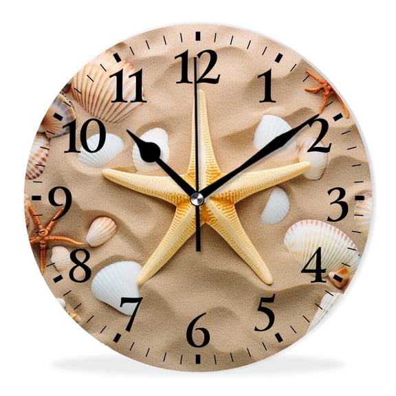 Round Analog Wall Clocks Non-Ticking Silent Clock Battery Operated Clcoks Decorative for Living Room-Starfish Seashell Sand Beach(10inch)
