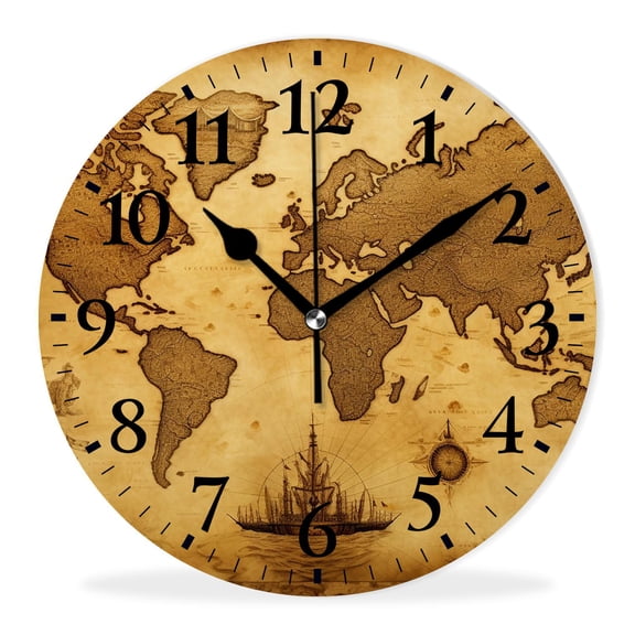 Round Analog Wall Clocks Non-Ticking Silent Clock Battery Operated Clcoks Decorative for Living Room-World Map Beautiful(12inch)