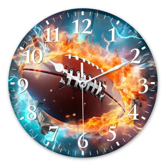 Round Analog Wall Clocks with Non-Ticking Sweep Movement,Battery Operated Clcoks Decorative for Home,Office-American Football Ball On Fire With Lightning(16inch)