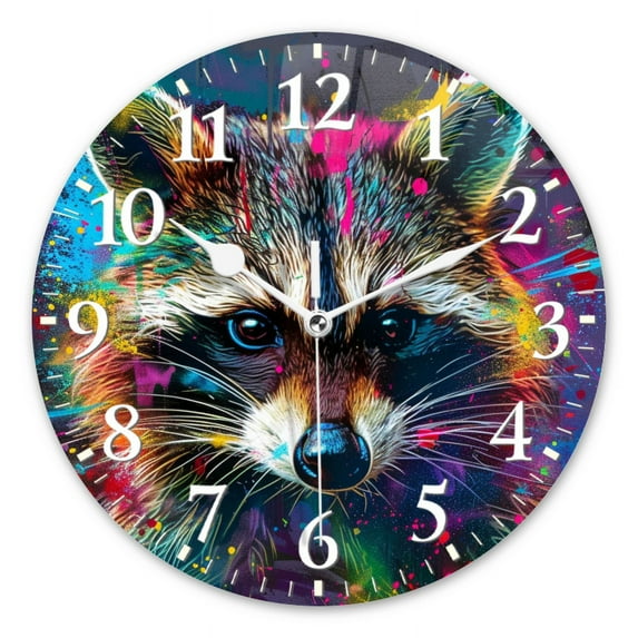 Round Analog Wall Clocks with Non-Ticking Sweep Movement,Battery Operated Clcoks Decorative for Home,Office-Cute Raccoon In The Style Of Abstract Painting(12inch)