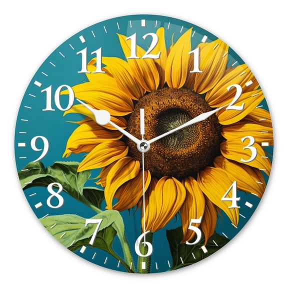 Round Analog Wall Clocks with Non-Ticking Sweep Movement,Battery Operated Clcoks Decorative for Home,Office-Sunflower On Blue Background Of Realistic Oil Paint(10inch)