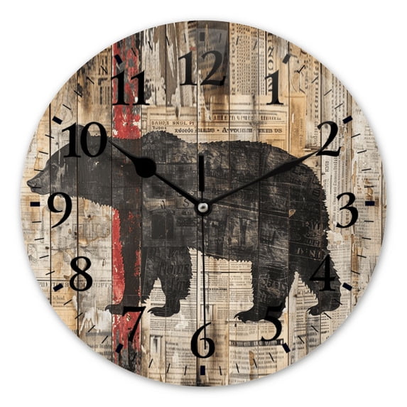 Round Analog Wall Clocks with Non-Ticking Sweep Movement,Battery Operated Clcoks Decorative for Home,Office-Wall Art Print Of Old Newspaper With The Silhouette Of Bear(12inch)