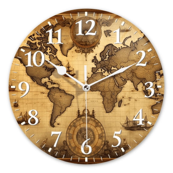 Round Analog Wall Clocks with Non-Ticking Sweep Movement,Battery Operated Clcoks Decorative for Home,Office-World Map With Old-Fashioned Compass And Ships(10inch)