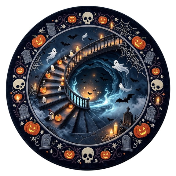 Round Area Mat Halloween Spooky Cave Design Ghost Spiral Staircase Decor 1 Pack for Indoor Party Home Living Room Floor Halloween Decoration