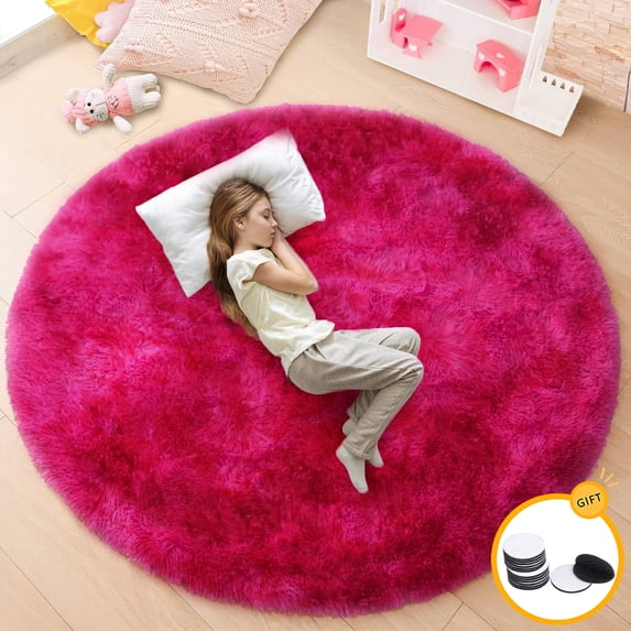 Round Area Rug and 10 Double Sided Adhesive Tapes for Bedroom, Shag Circle Rug 2.6Ft for Room, Cute Fluffy Circular Carpet for Room, Shaggy Fuzzy Plush Rug for Room Dorm Playroom