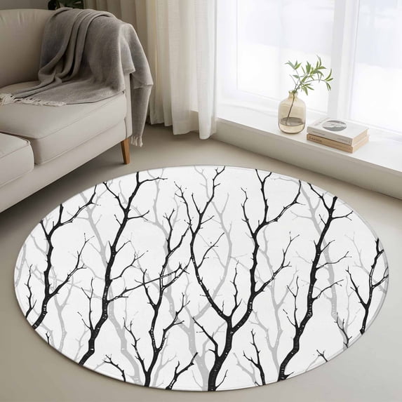 Round Area Rug 3.3 Ft, Black Branches Washable Non-Slip Circle Carpet for Living Room/Bedroom, Modern Abstract Art Forest Silhouettes Low-Profile Small Kitchen Mats Collection Rugs for Indoor